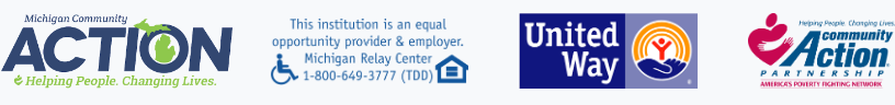 Logos, Michigan Community Action, Equal Opportunity Statement, United Way Logo, Community Action Partnership Logo